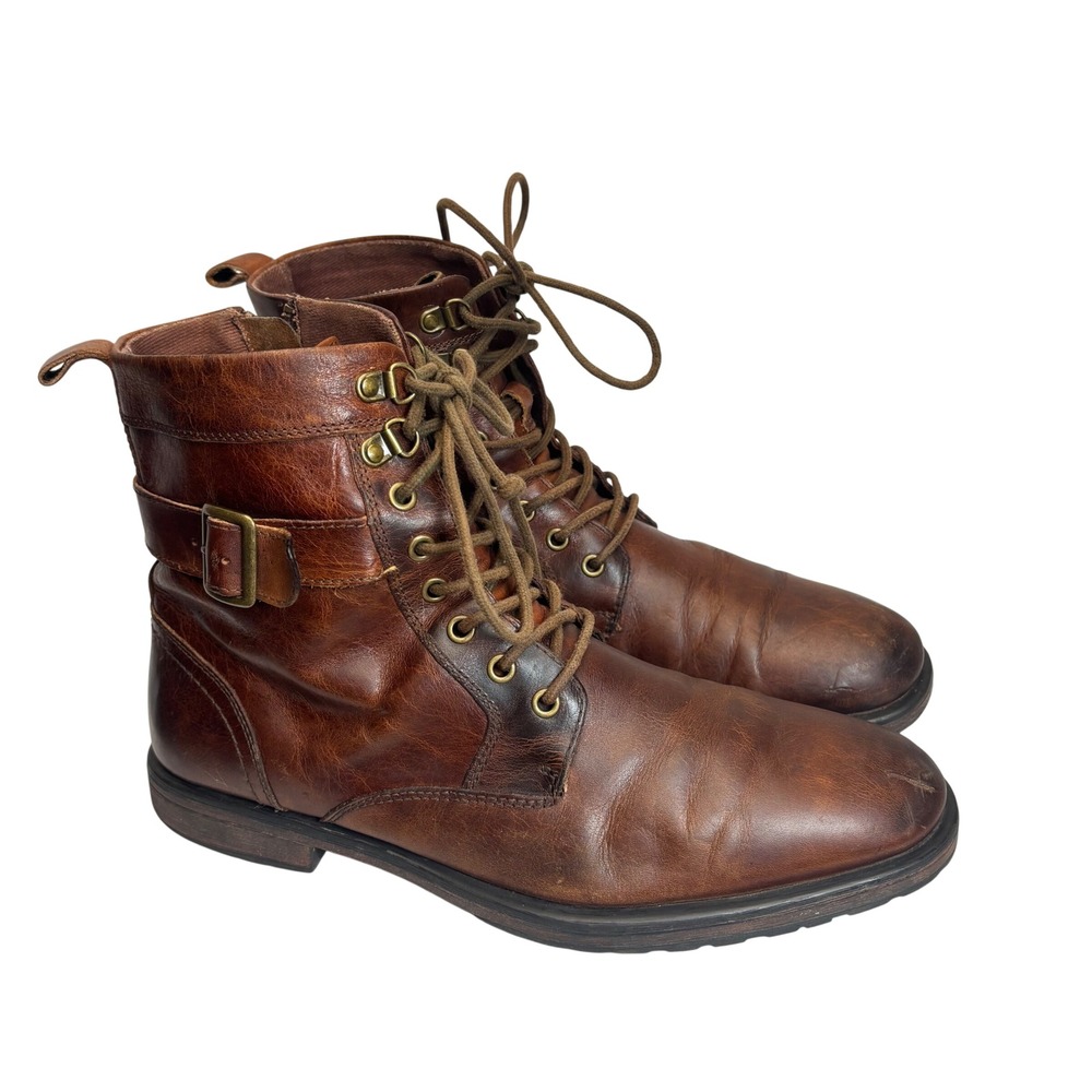 Aston Grey Combat Boots Men 10.5 Brown Leather Lace Up Side Zip Buckle Rugged